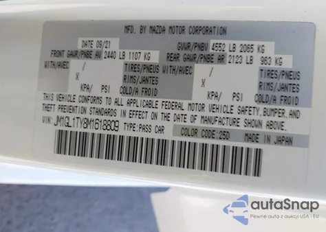 2021 Mazda Mazda6 Grand Touring z USA, uszkodzony, nr VIN JM1GL1TY8M1618809